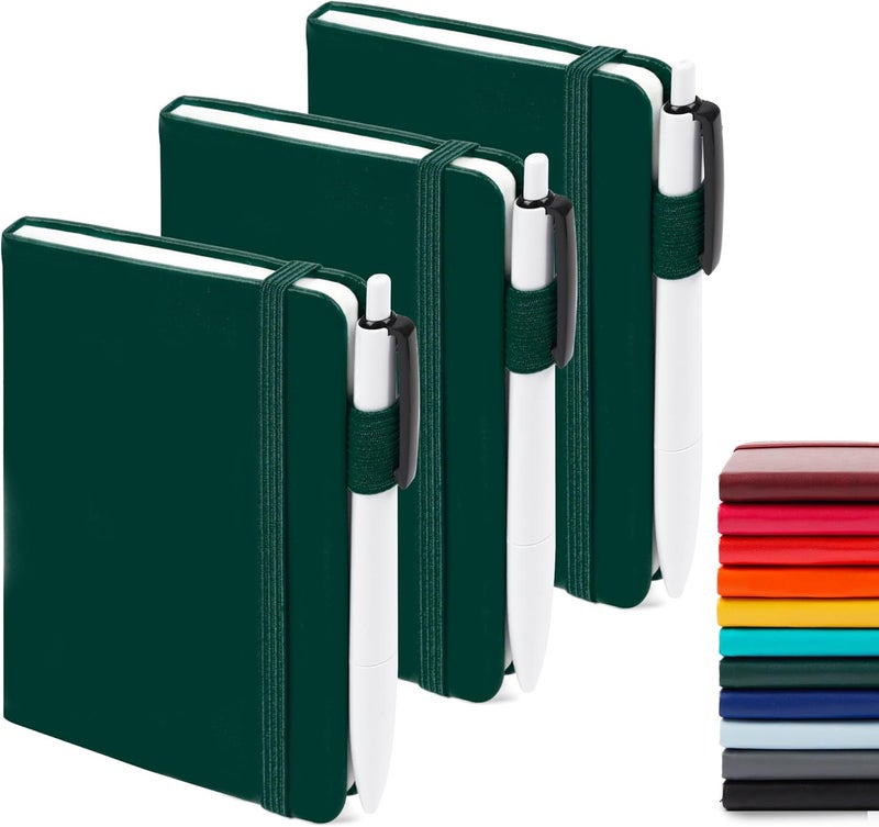 Feela 3 Pack Pocket Notebook Journals with 3 Black Pens, A6 Mini Cute Small Journal Notebook Bulk Hardcover College Ruled Notepad with Pen Holder for Office School Supplies, 3.5”x 5.5”, Dark Green - Image 1